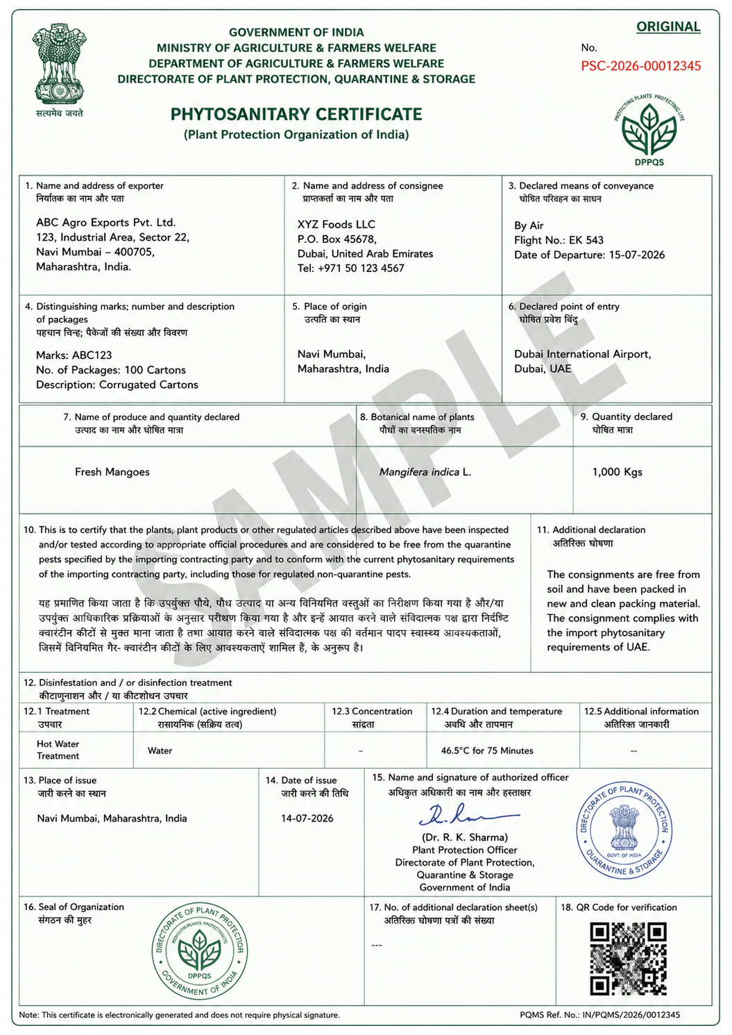 Sample Phytosanitary Certificate issued by NPPO India