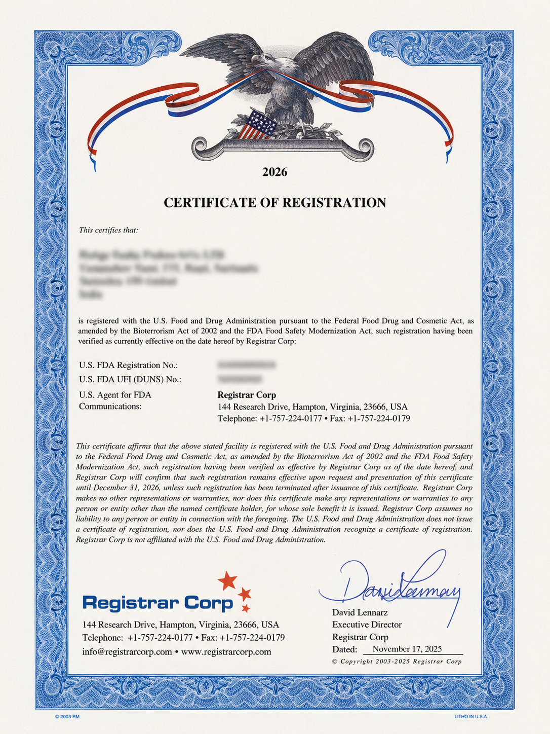 US FDA Registration Certificate